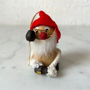 Vintage Kurt Adler Santa Gnome with Glasses and Bottle Wooden Christmas Ornament